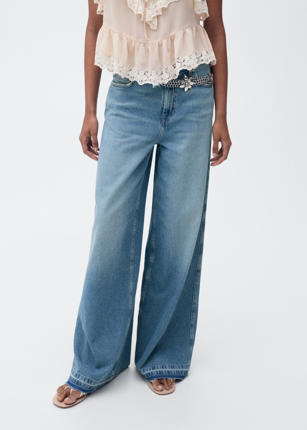 Wideleg low frayed hem jeans - Medium Blue