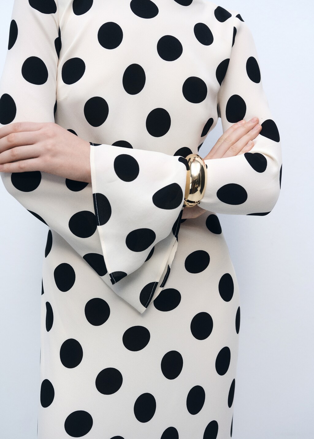 Flared sleeve polka-dot dress - Ecru