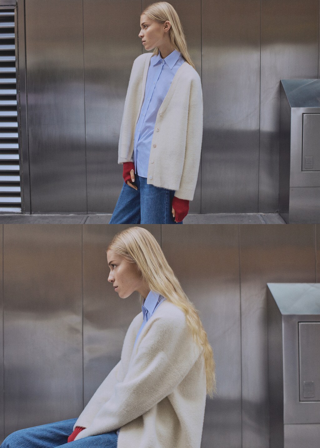 Fur-effect knitted cardigan - Petrol Blue