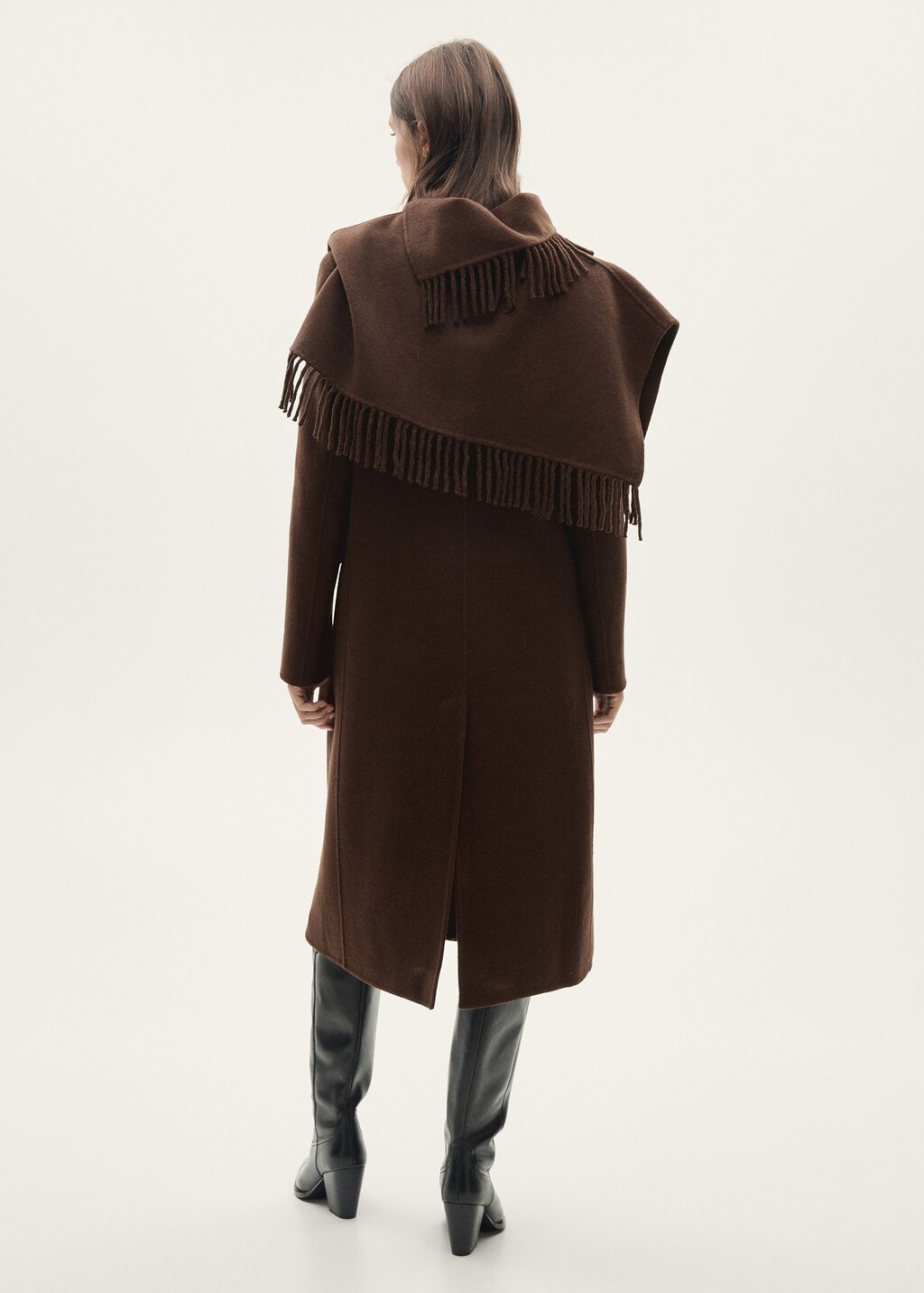 Wool coat with fringed scarf - Chocolate