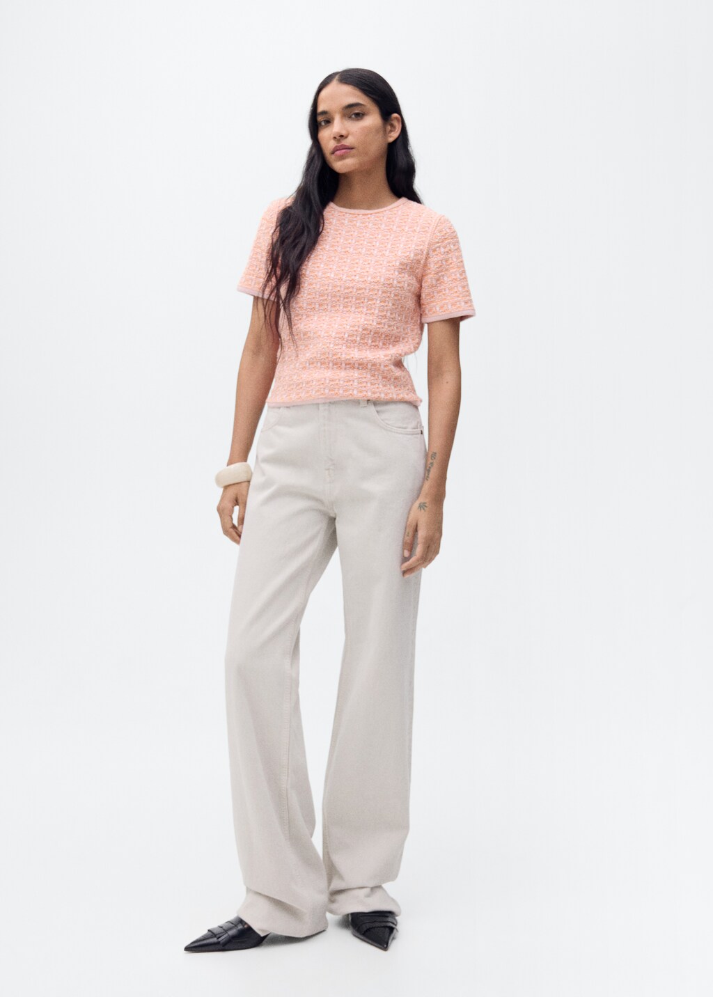 Short-sleeved tweed sweater - Pastel Pink