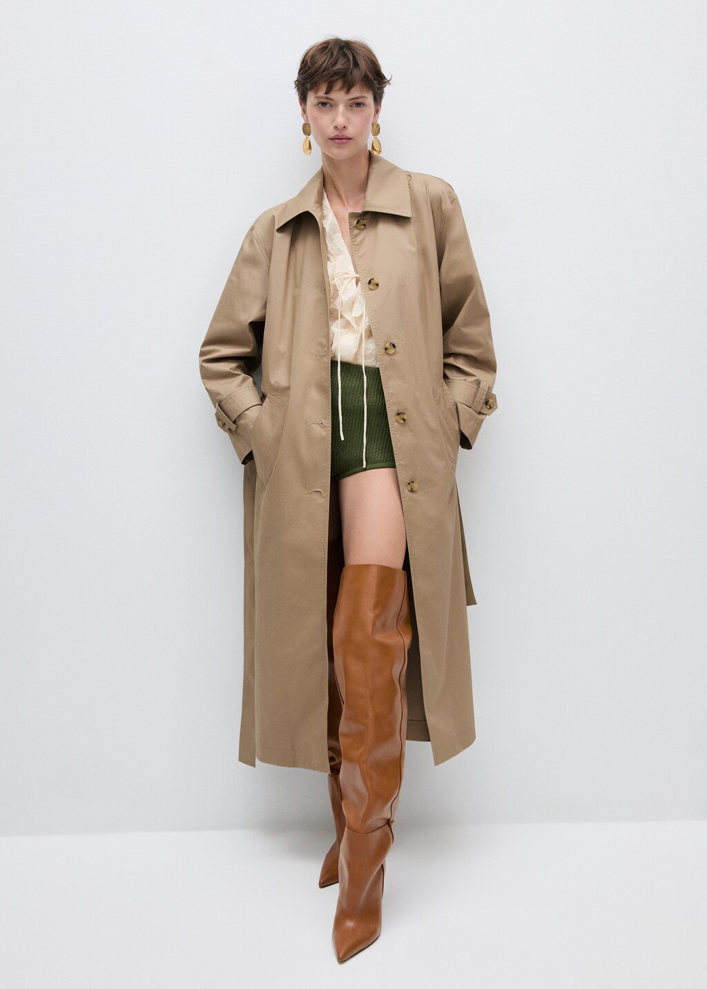 Cotton trench coat with shirt collar - Beige