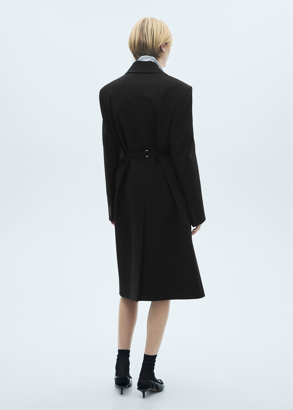 Structured double fabric coat with belt - Black