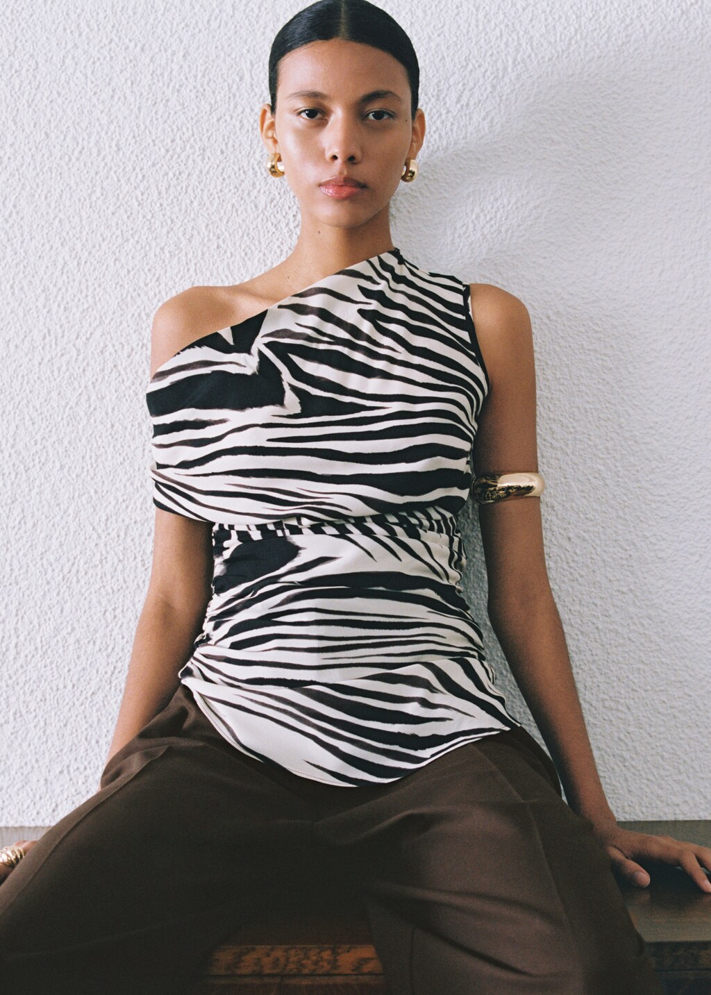 Zebra-print draped blouse - Ecru