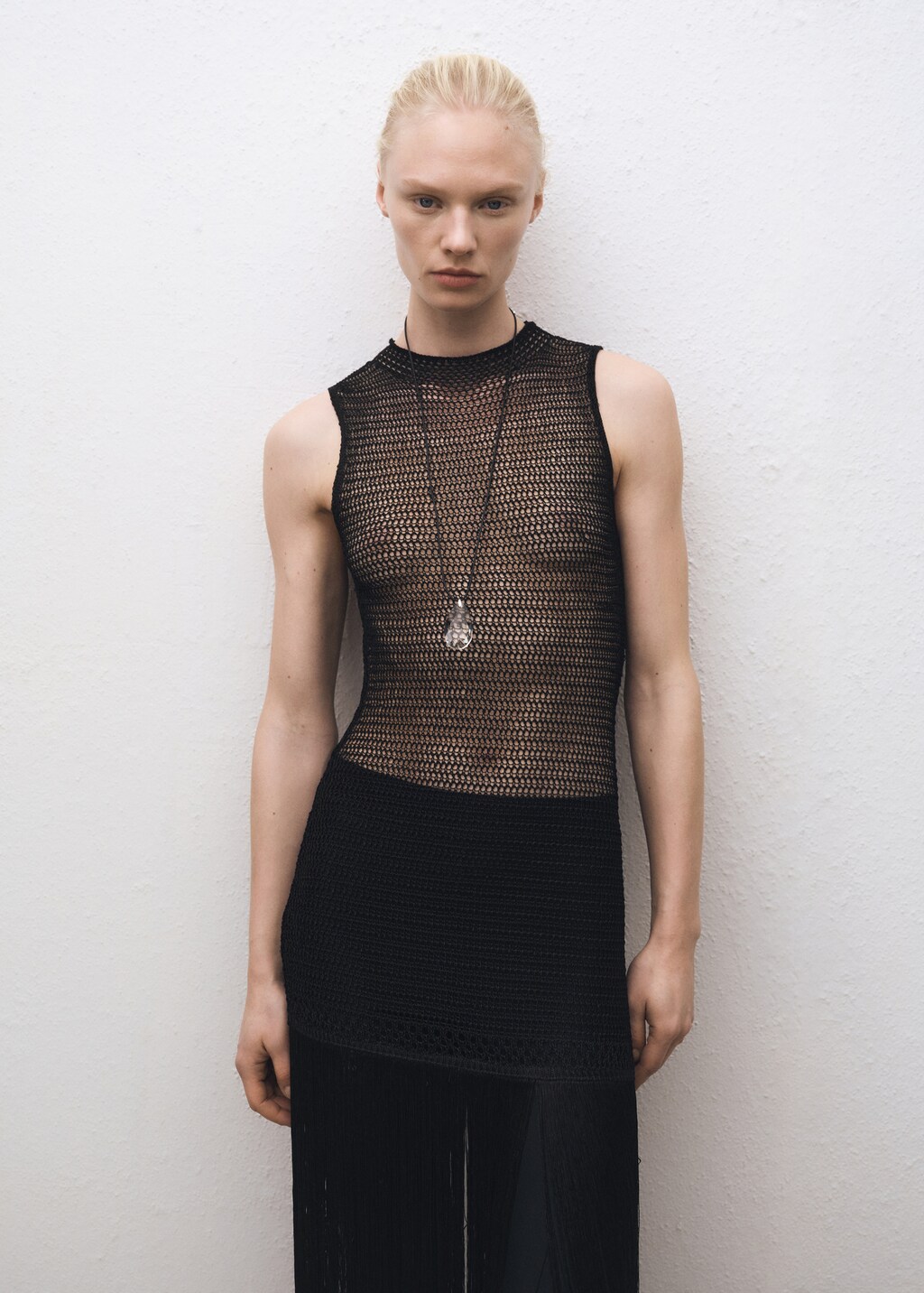 Openwork knit dress with fringes - Black