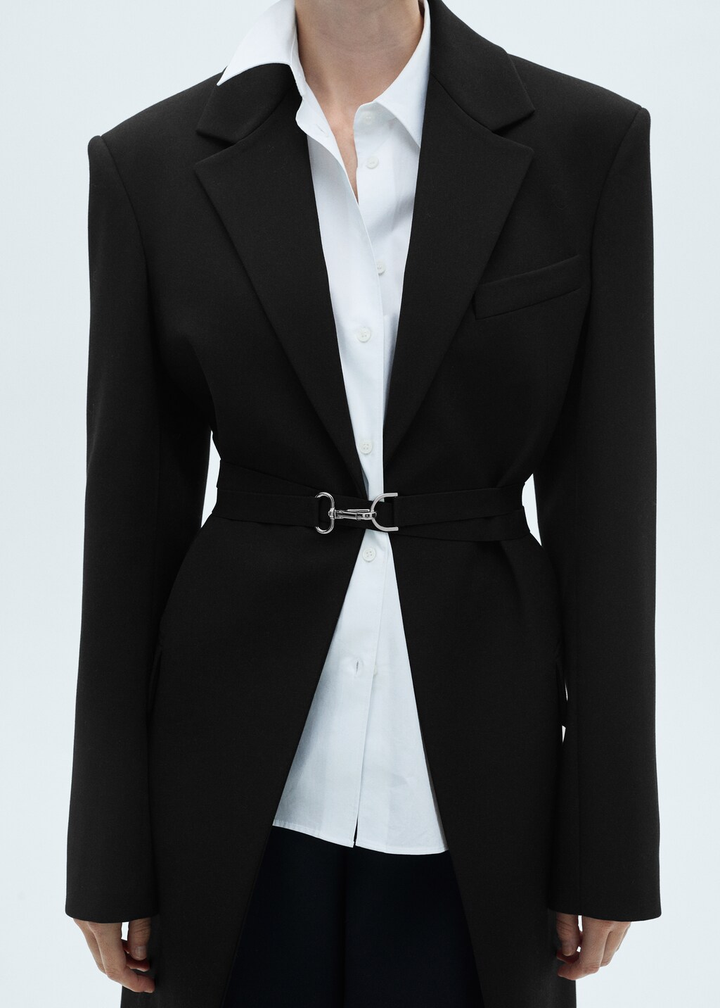 Structured double fabric coat with belt - Black