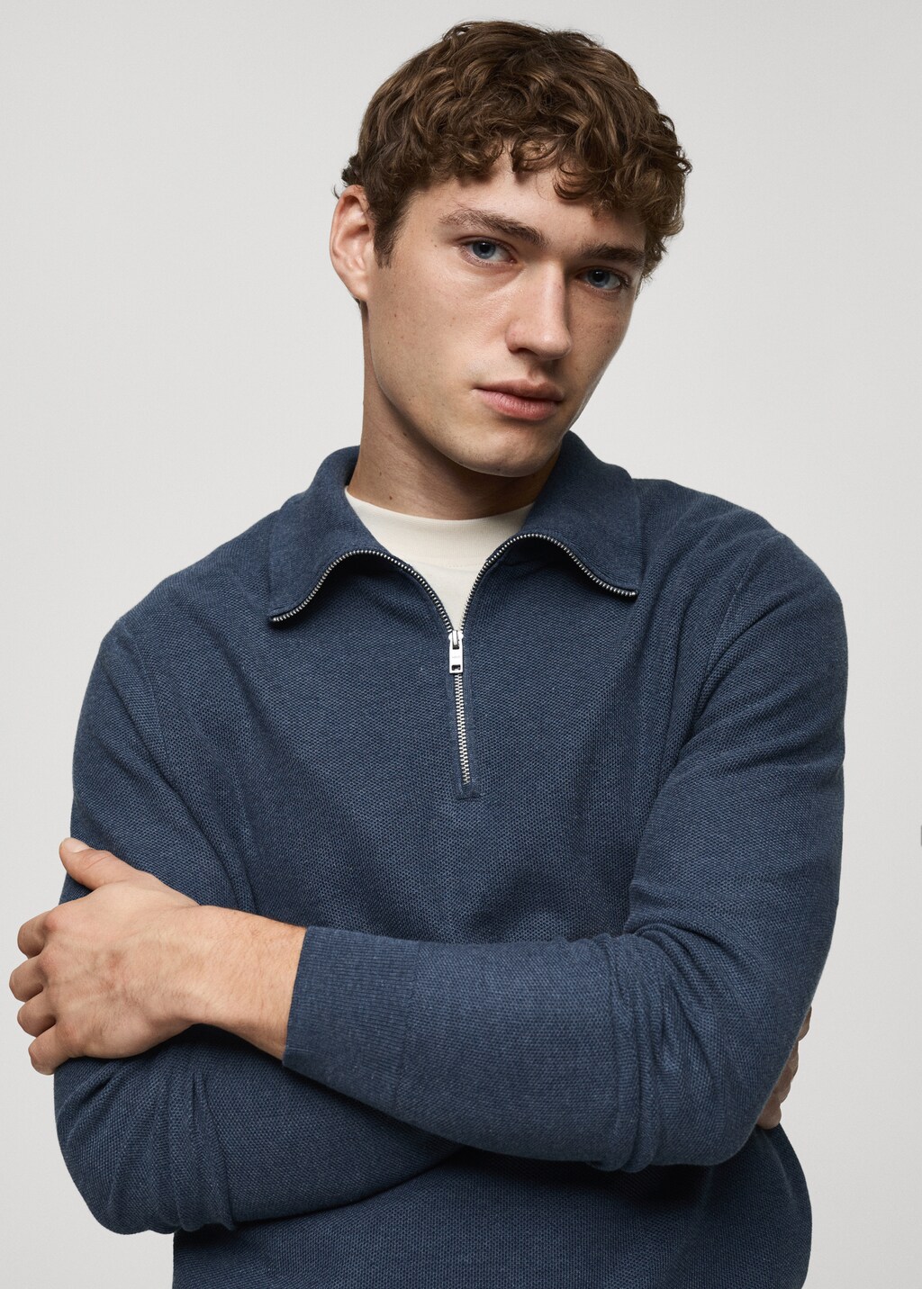 Microstructure sweater with zipper collar - Dark Navy