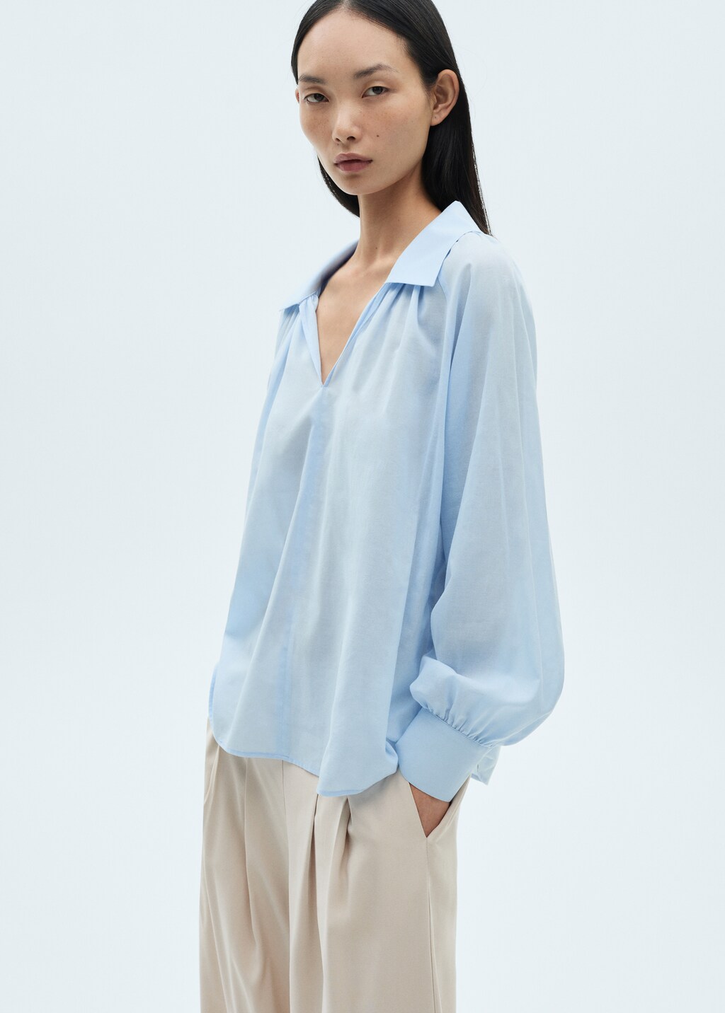 Puffed sleeves cotton blouse - Blue