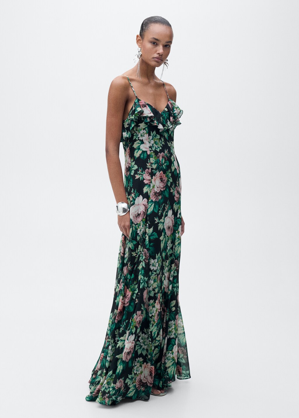 Ruffled floral print dress - Black