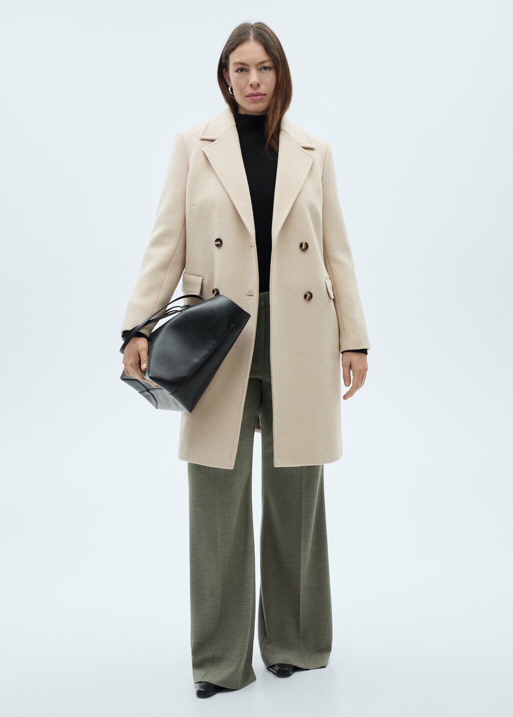 Double-breasted midi wool coat - Black