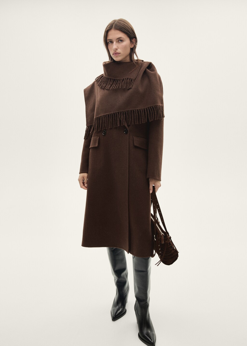 Wool coat with fringed scarf - Chocolate