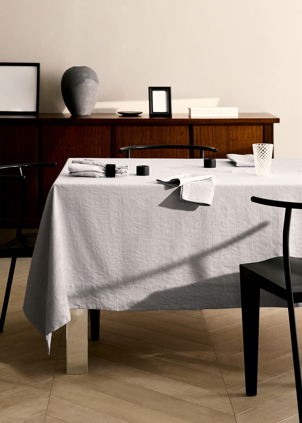 Floral jacquard cotton tablecloth for 8 to 10 diners - Beige