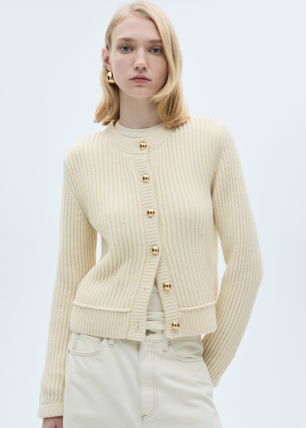 Knitted cardigan with jewel button - Ecru