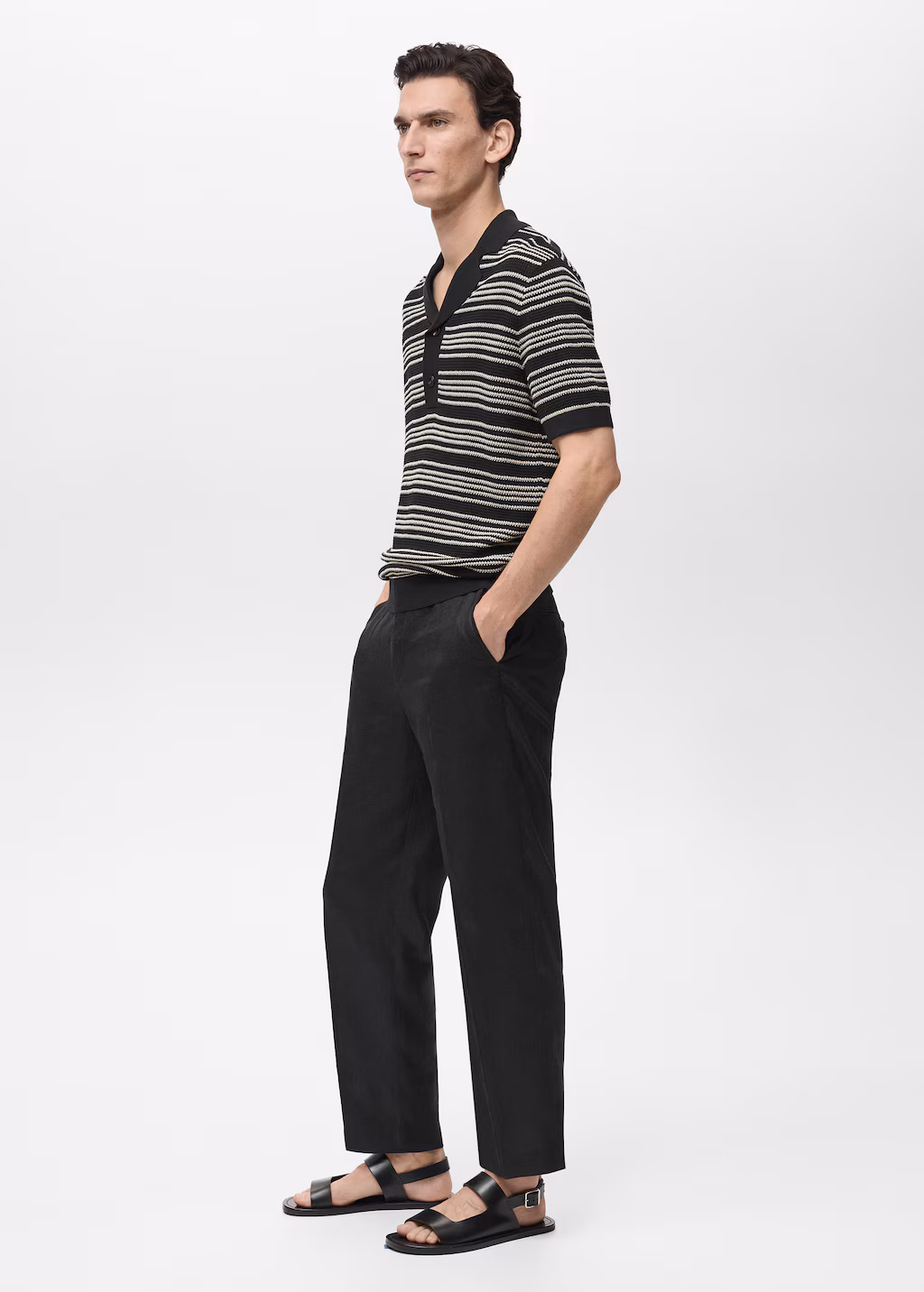 Striped braided knit polo shirt - Black