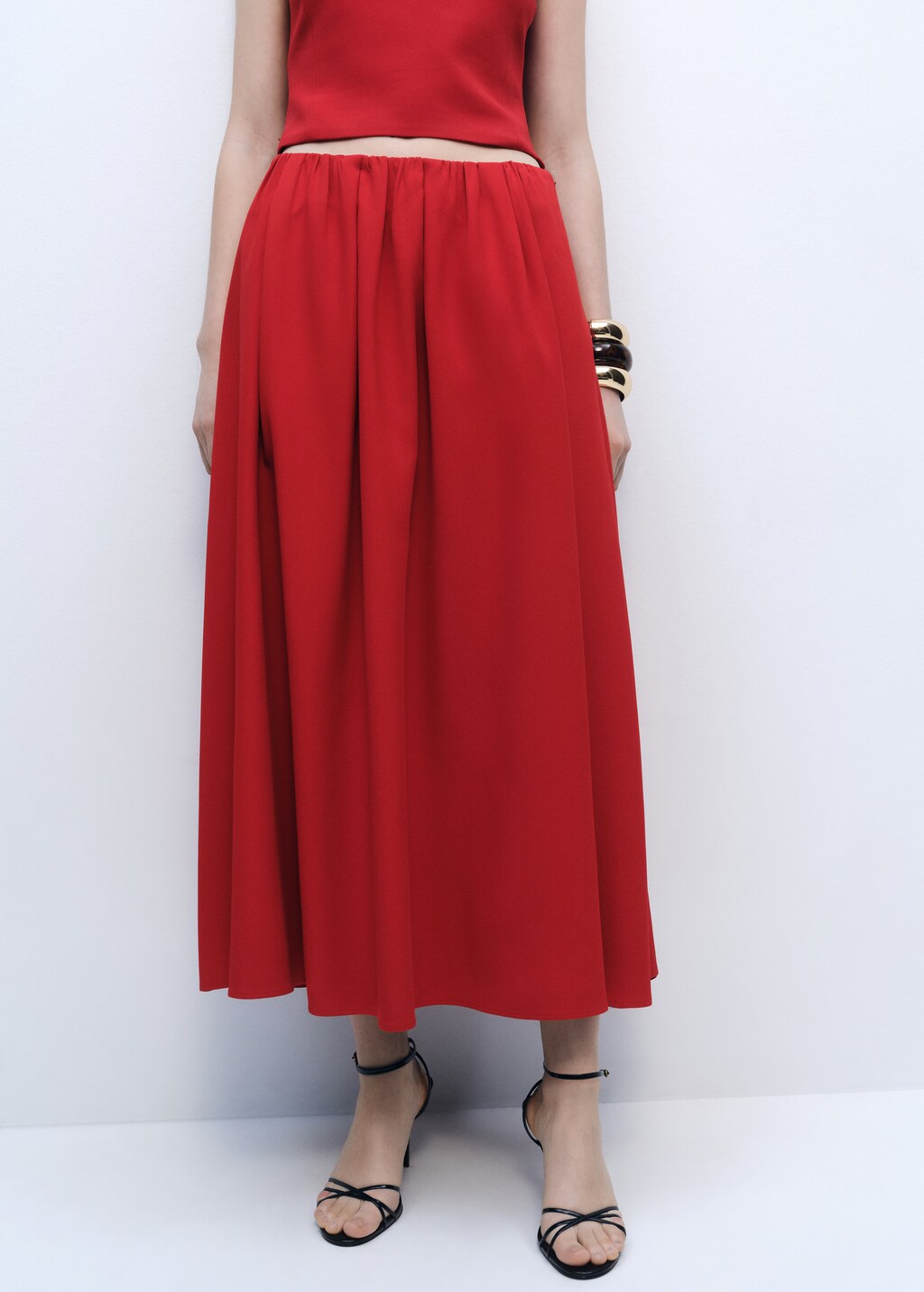 Long skirt with gathered waist - Red