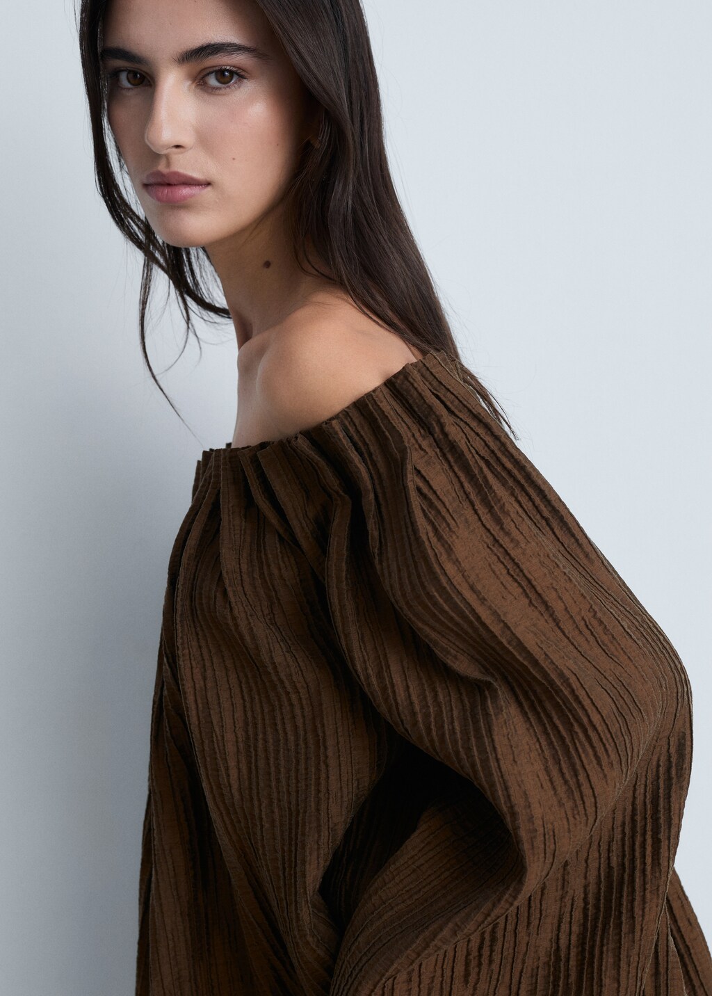 Textured gathered blouse - Coffee