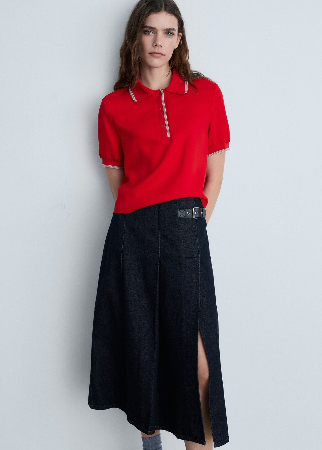 Cropped polo shirt with contrasting trim - Red