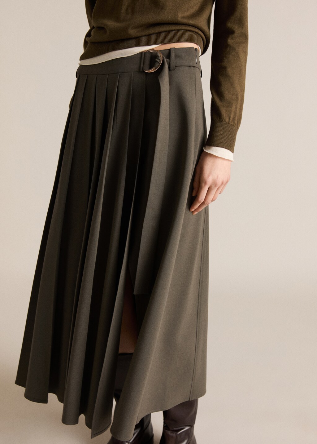Pleated skirt with belt - Khaki