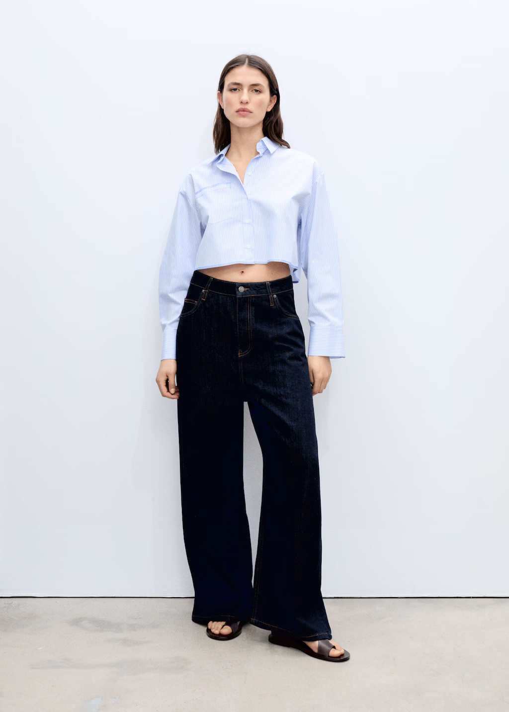 Striped crop shirt with stitching detail - Blue