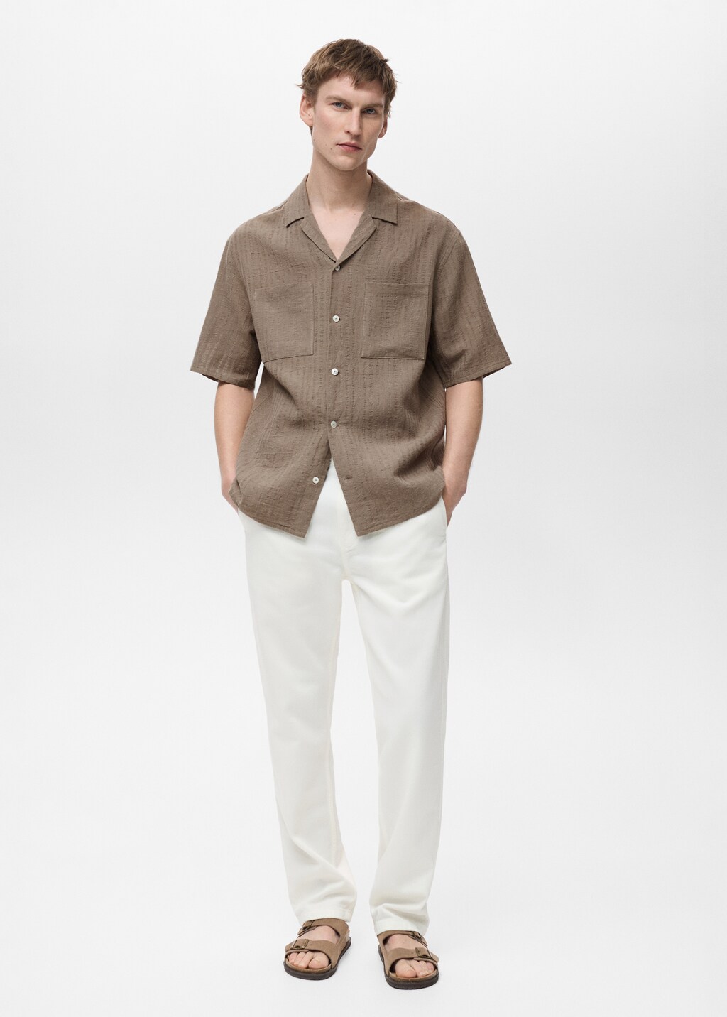 Cotton shirt with textured stripes - Khaki