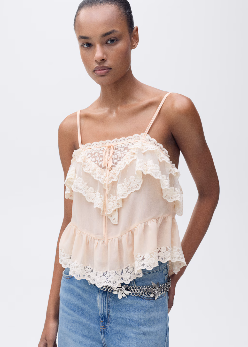 Ruffle top with lace detail - Pastel Pink