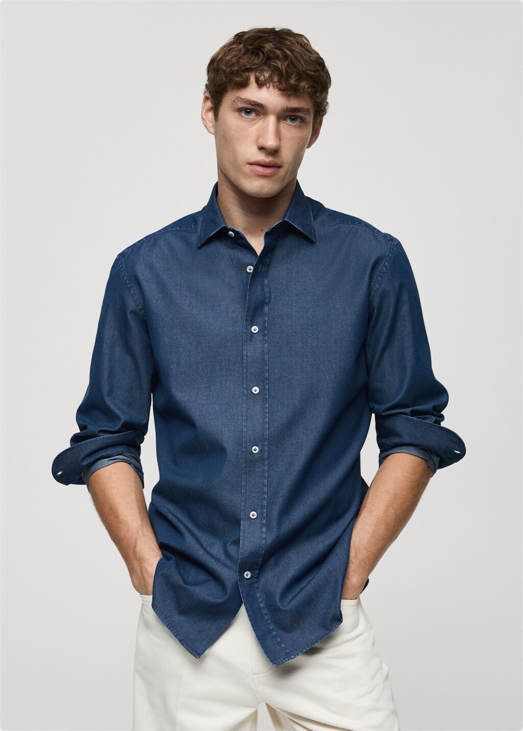 Slim fit cotton chambray shirt - Dark Blue
