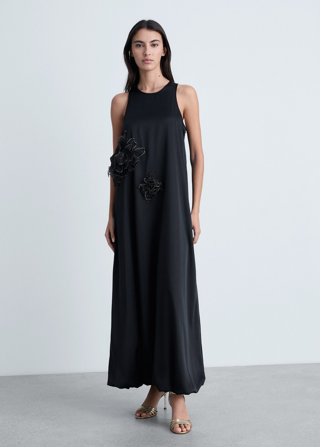 Satin maxi-flower dress - Black