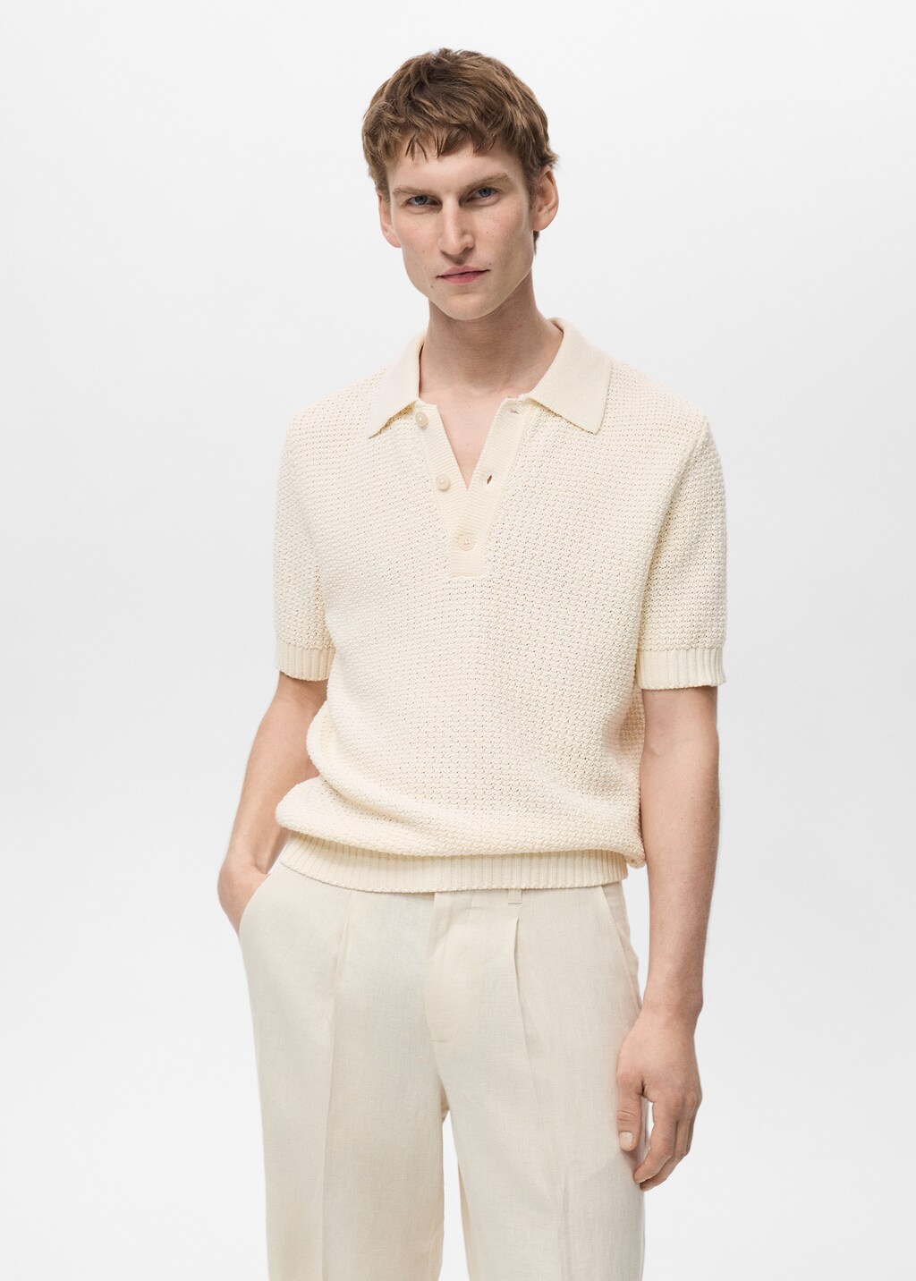 Openwork cotton knitte polo shirt - Ivory White