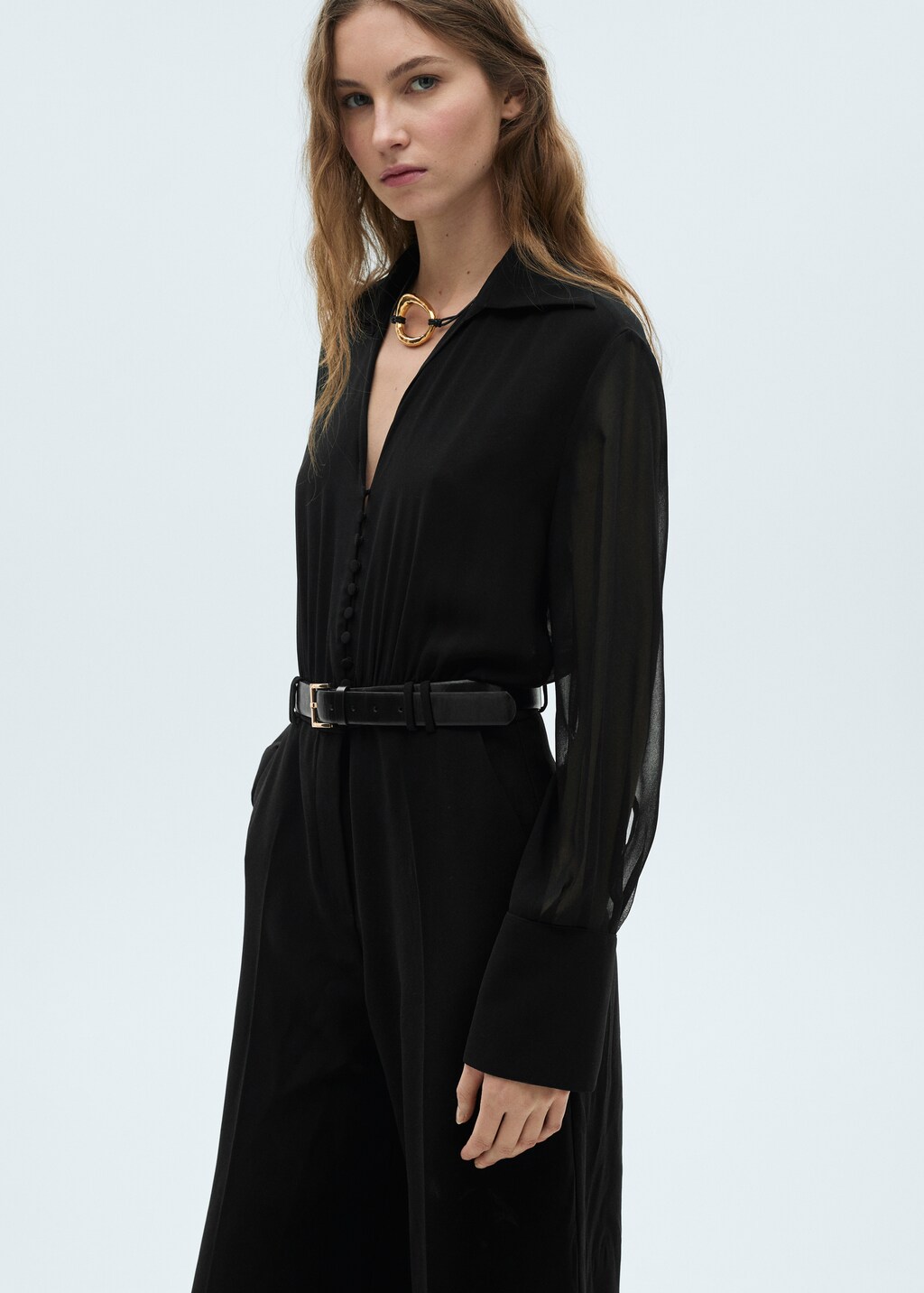 Wideleg jumpsuit with semi-transparent sleeves - Black