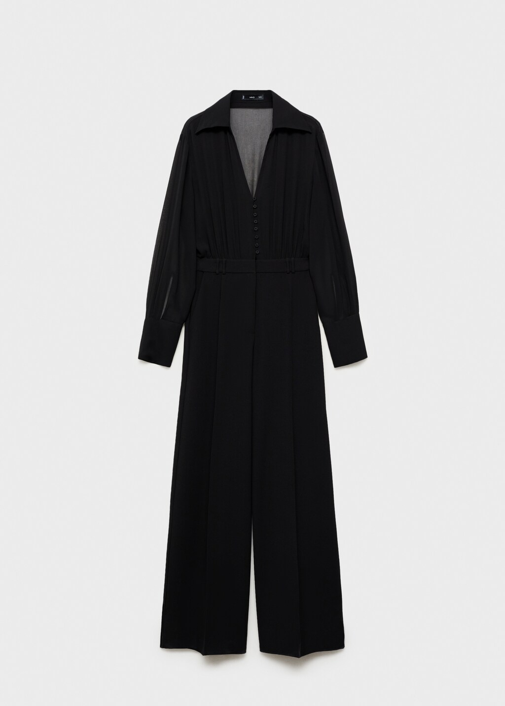 Wideleg jumpsuit with semi-transparent sleeves - Black