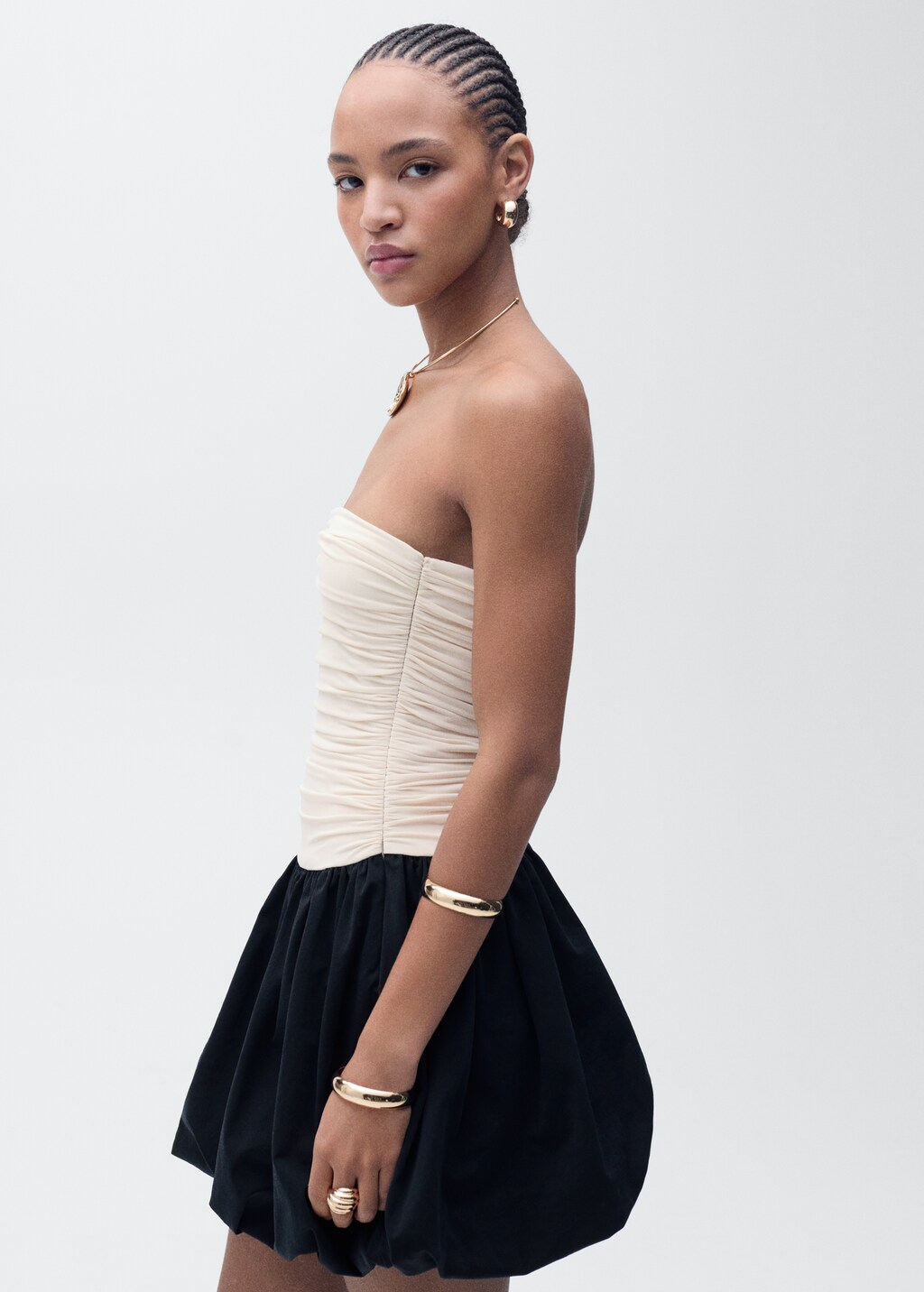 Draped-body balloon skirt dress - Ecru