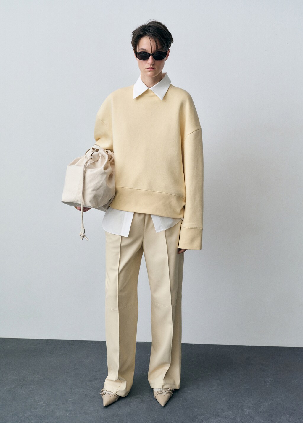 Wideleg leather-effect trousers - Ecru