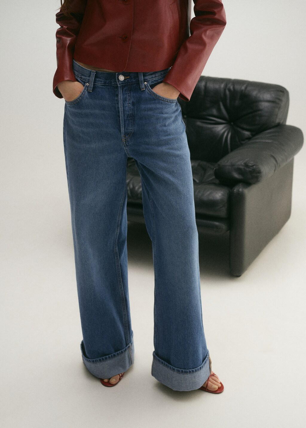 Wideleg jeans with turned-up hem - Medium Blue
