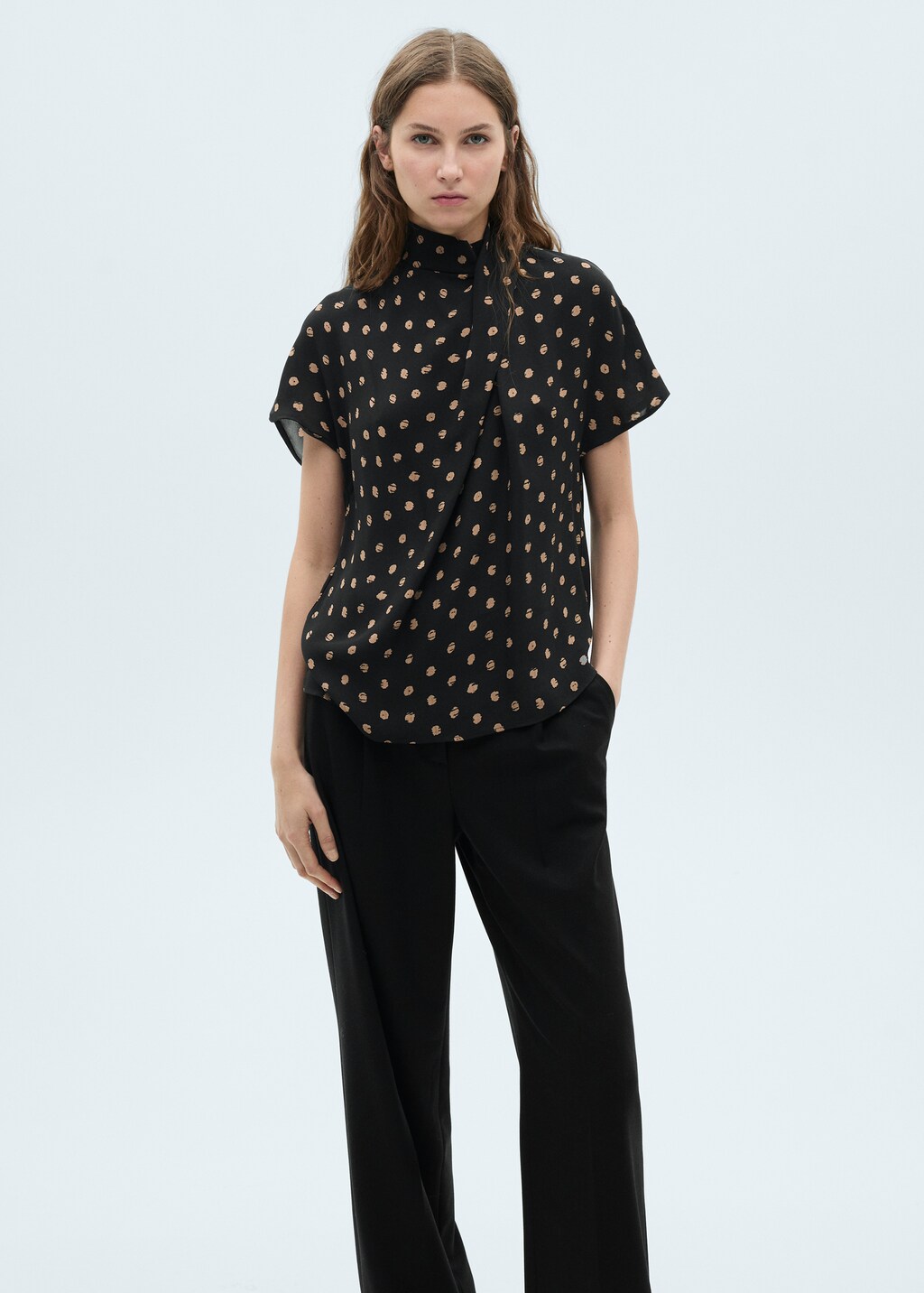 Polka-dot blouse with draped collar - Black