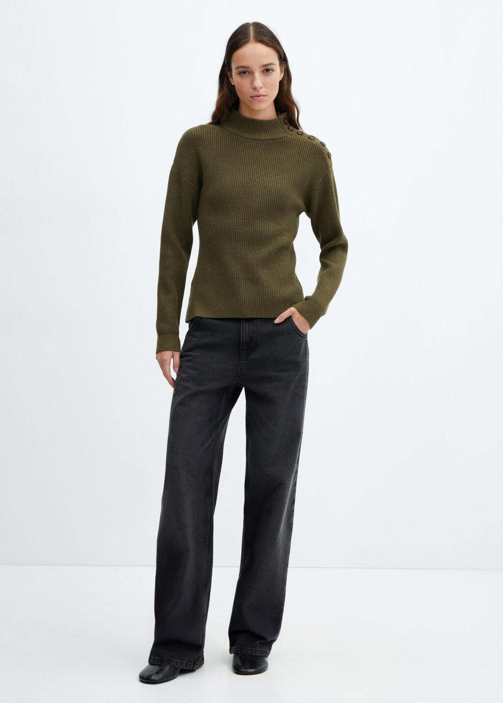 Shouder buttons ribbed sweater - Beige