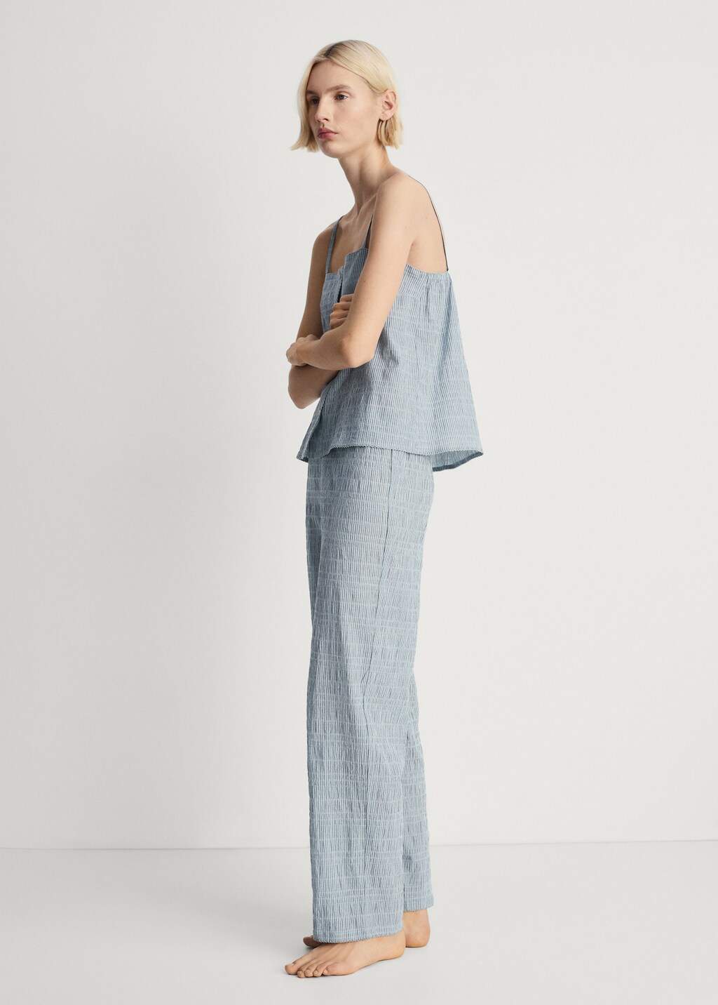 Cotton striped woven seersucker trousers - Lilac