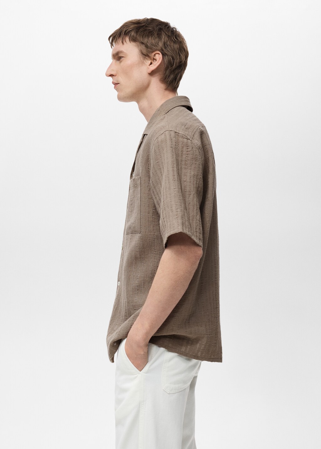 Cotton shirt with textured stripes - Khaki