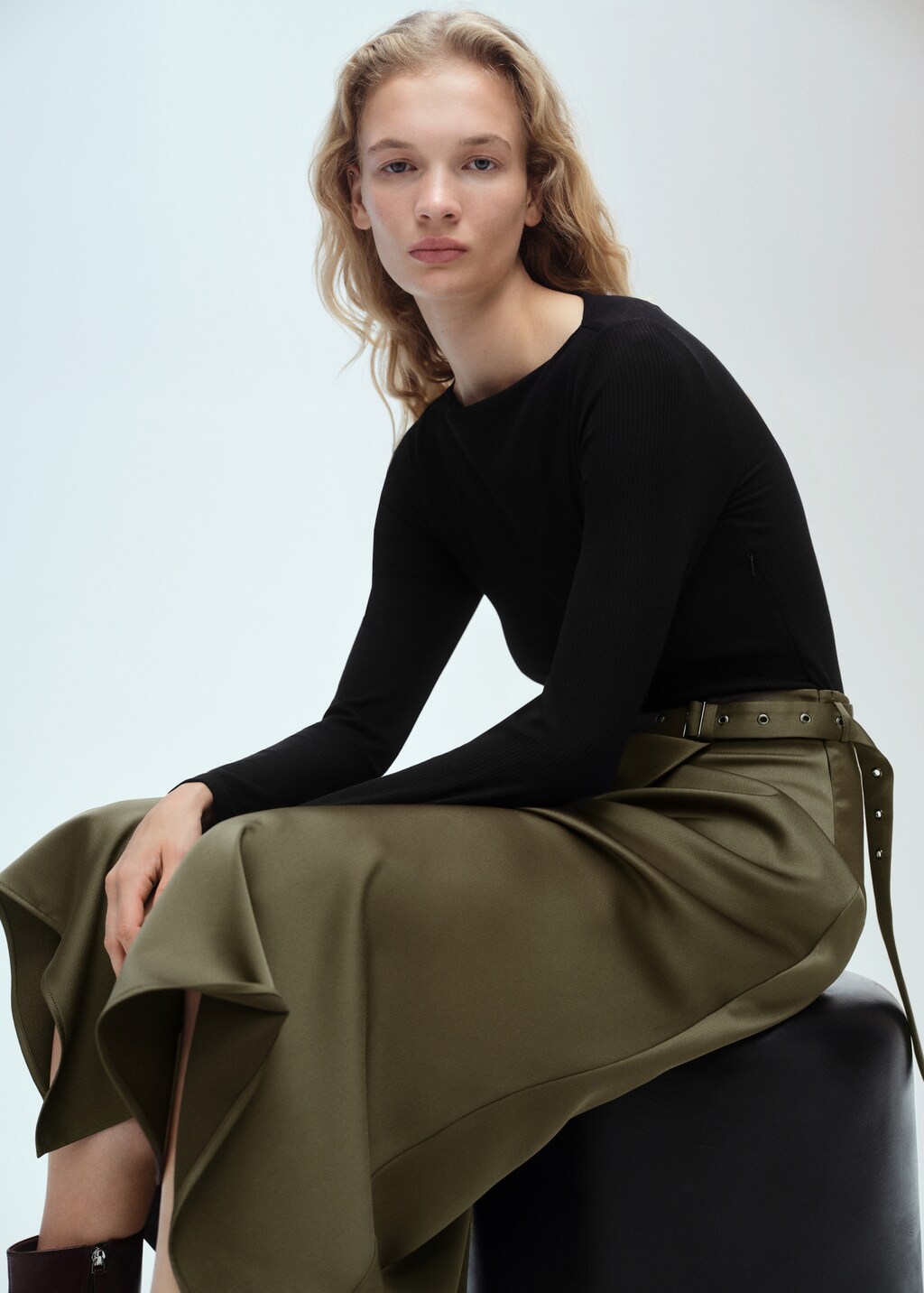 Combined woven dress with belt - Khaki