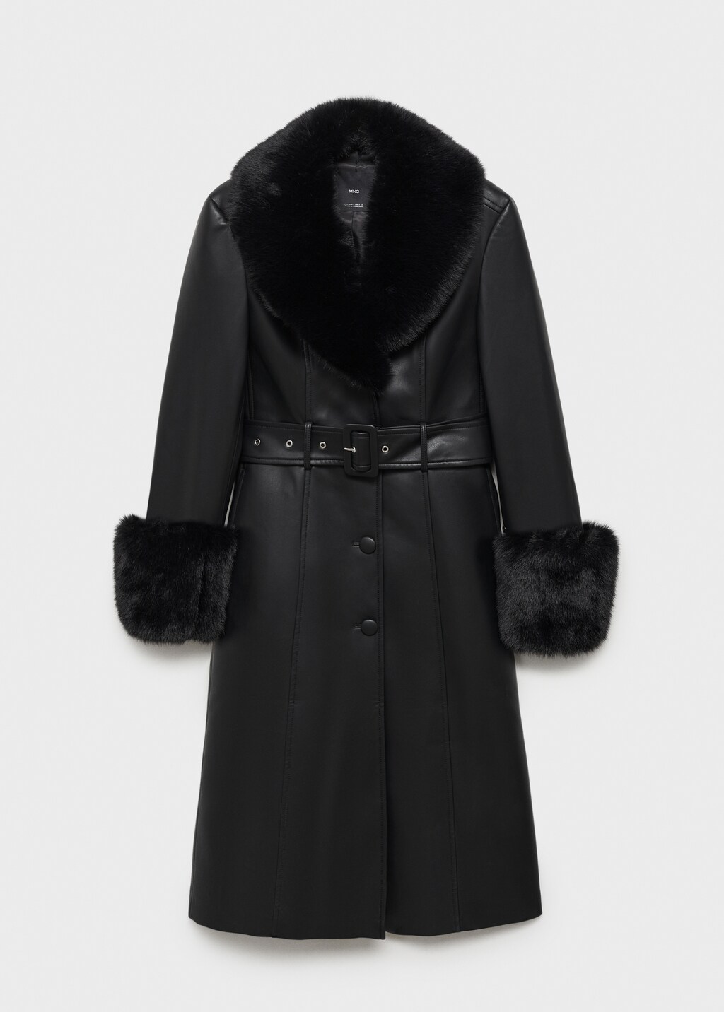 Leather-effect coat with fur-effect trim - Black