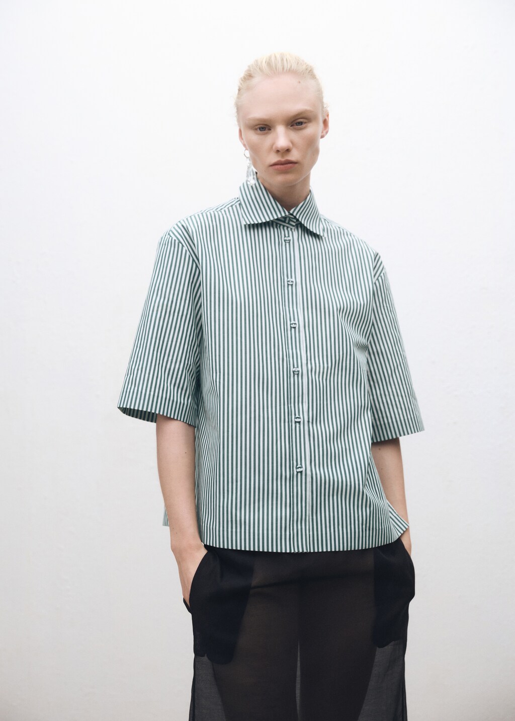 Short-sleeved striped cotton shirt - Forest Green