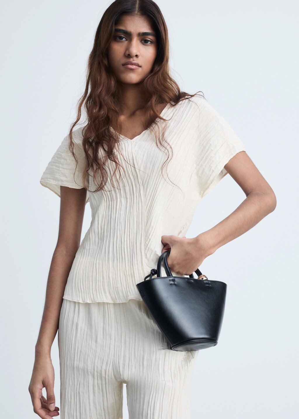 Wrinkled effect V-neck top - Blue