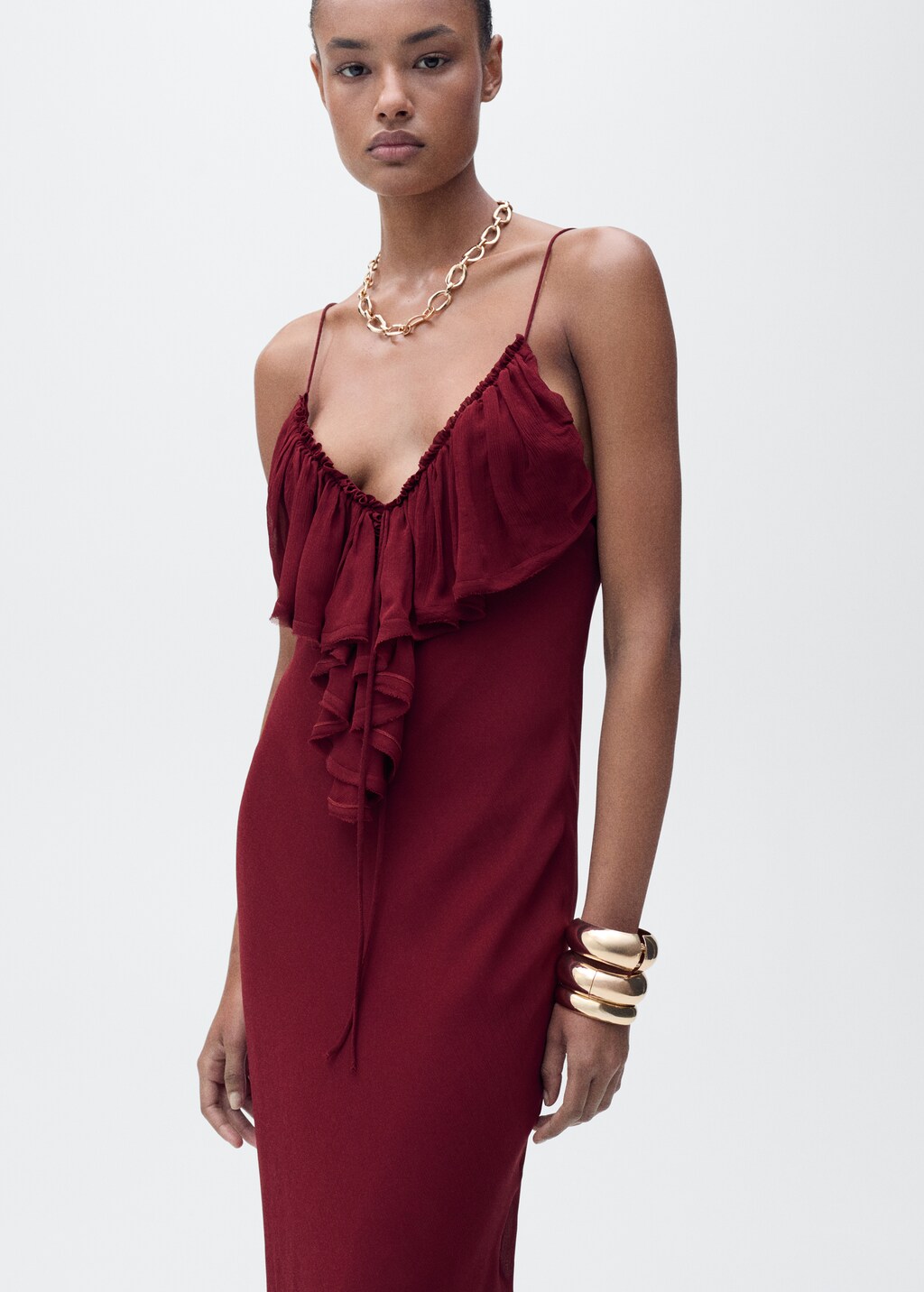 Chiffon dress with ruffle detail - Burgundy