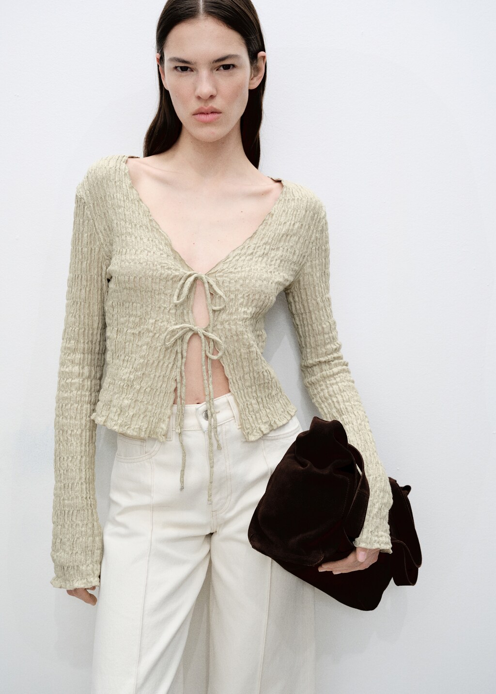 Cotton textured cardigan with bows - Light/Pastel Grey