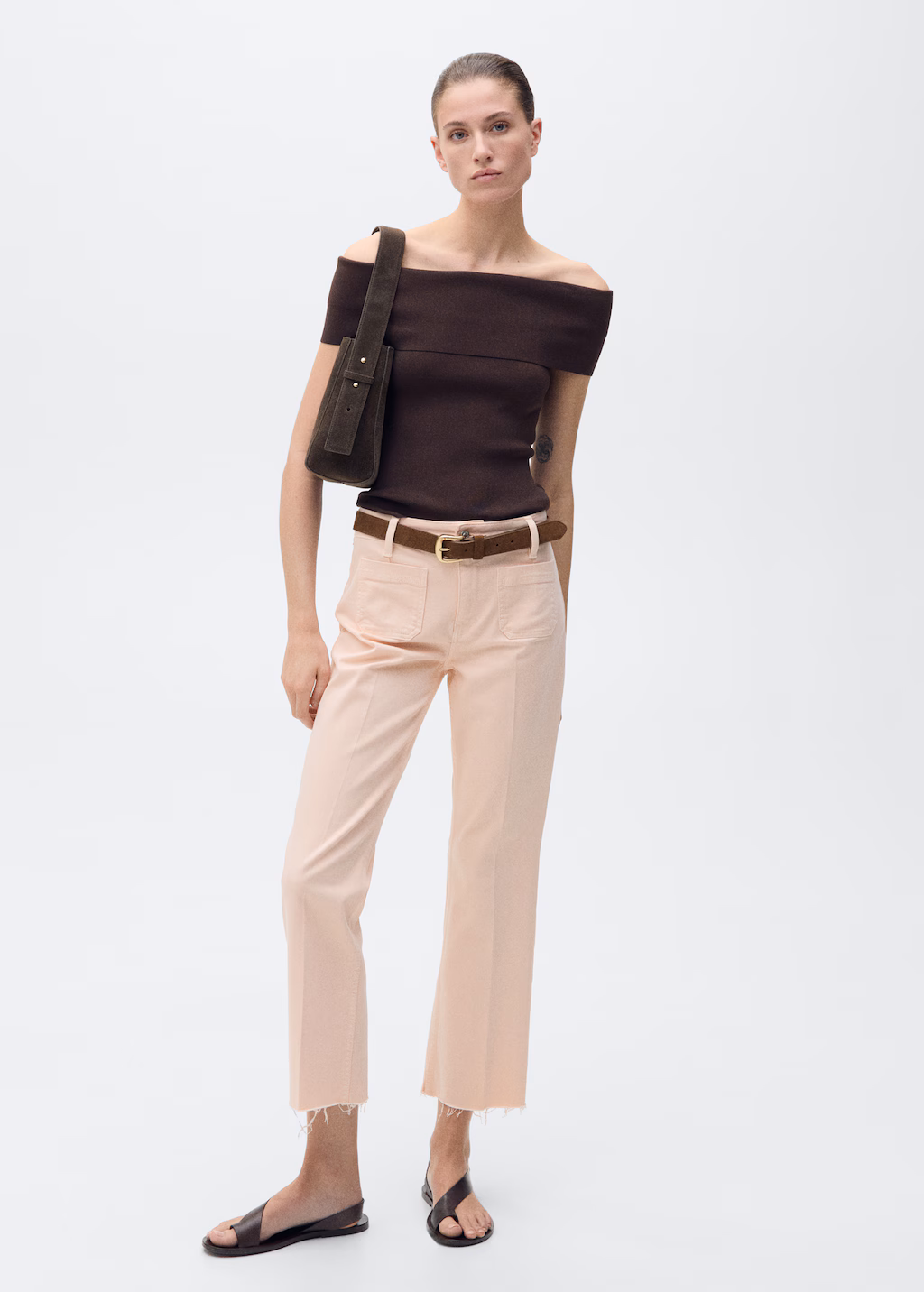 Flared cropped jeans with pockets - Black denim