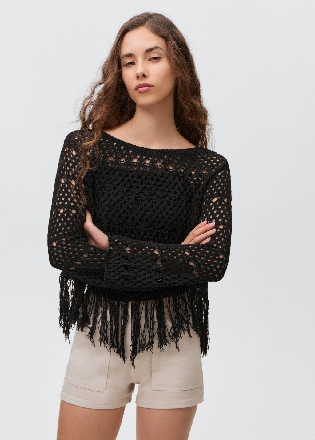 Fringed detail openwork sweater - Black