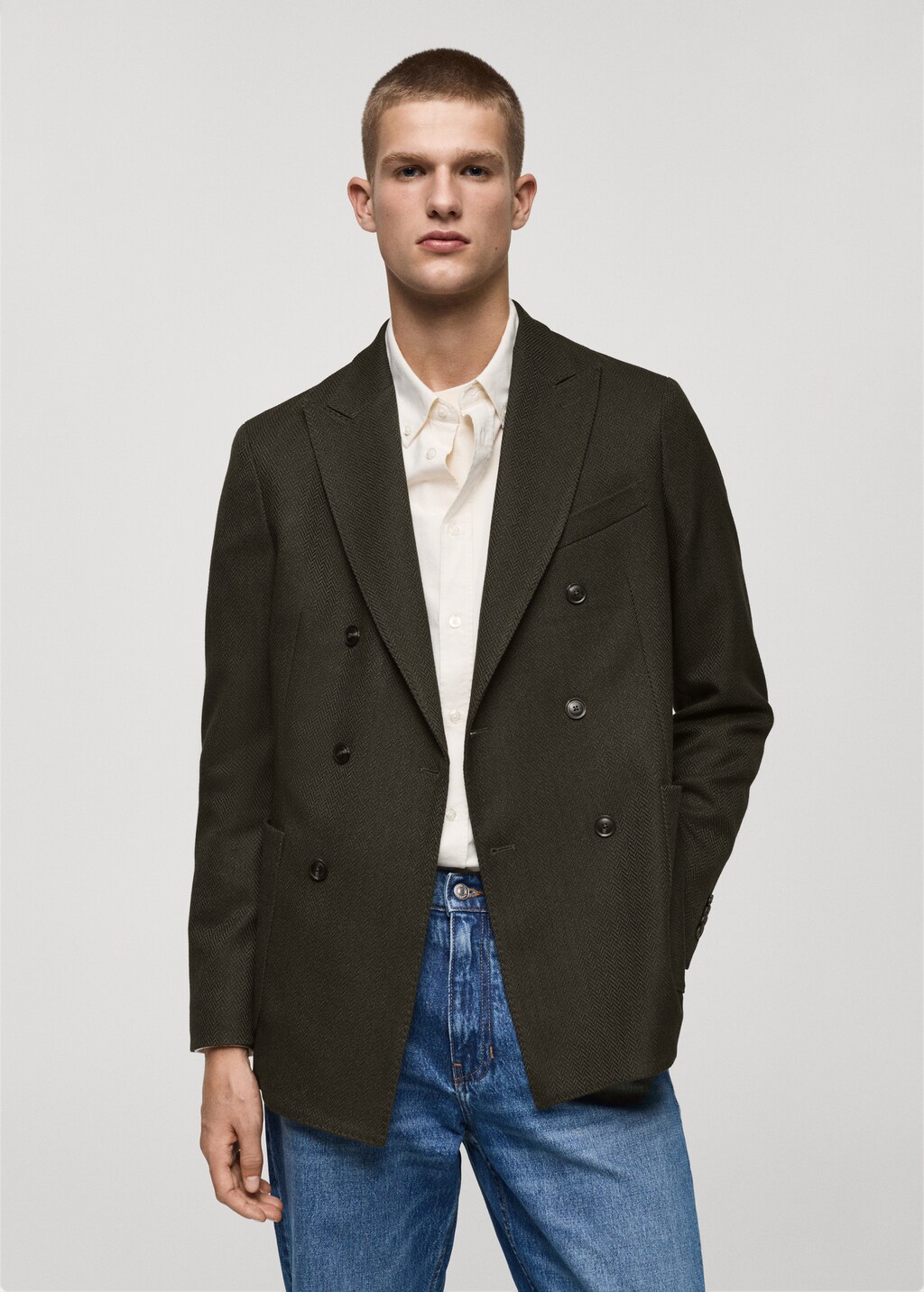 Twill slim-fit double-breasted jacket - Dark Navy