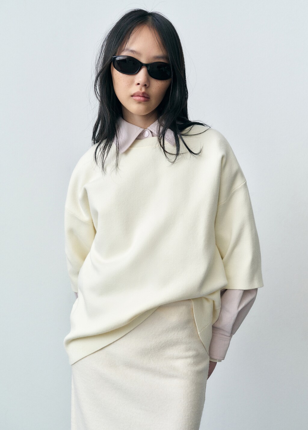 Short-sleeved fine-knit sweater - White