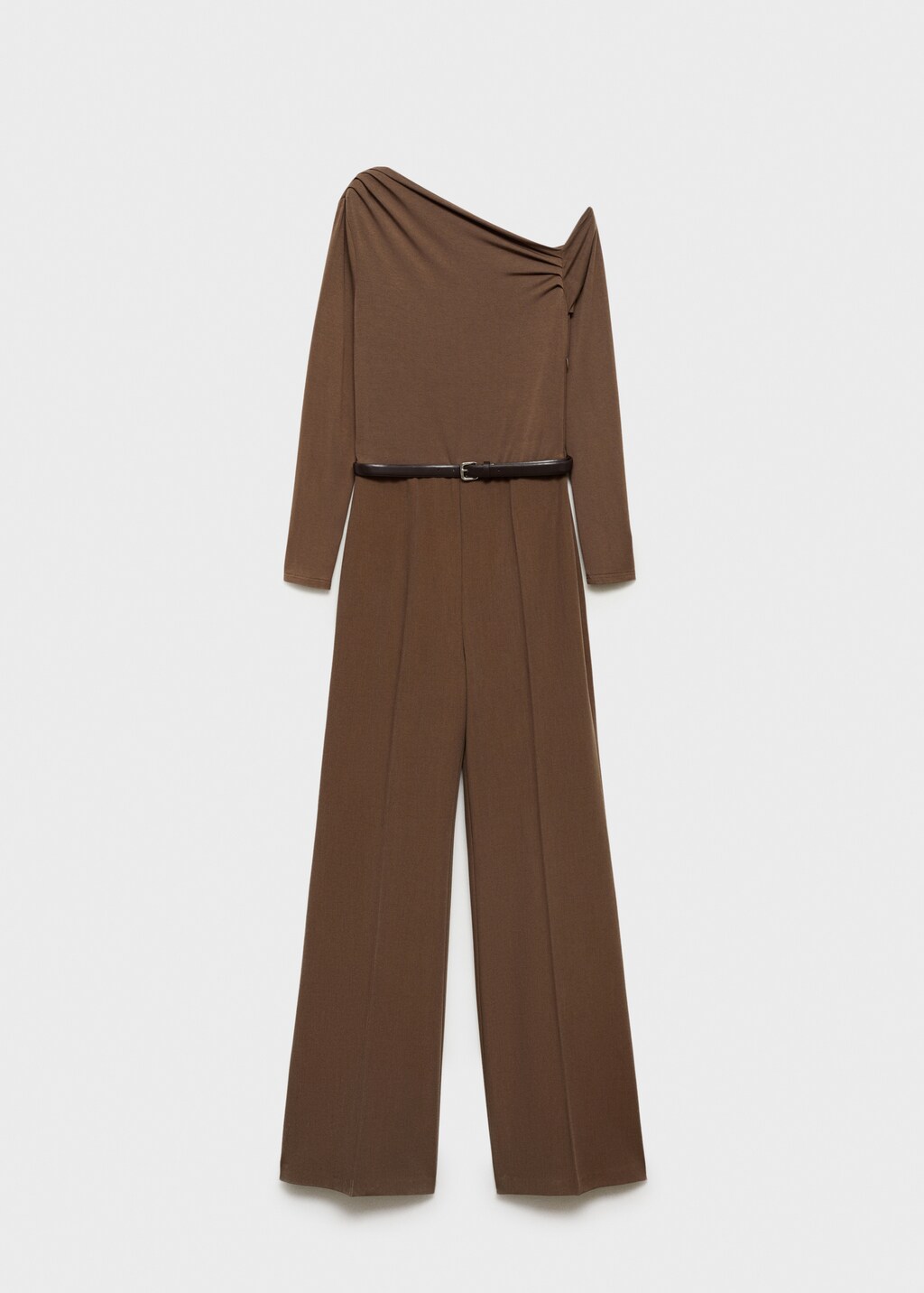 Combined-fabric jumpsuit with belt - Brown