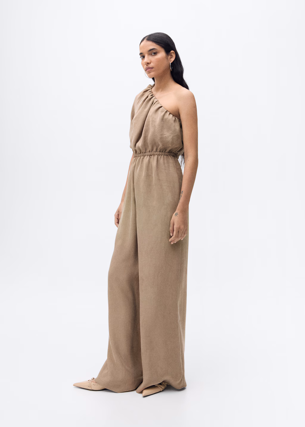 Long jumpsuit with asymmetrical gathered collar - Light/Pastel Grey
