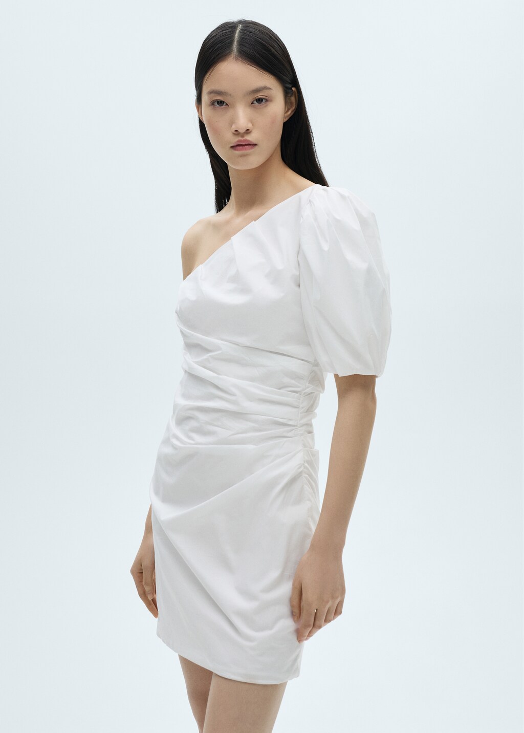Asymmetrical puff-sleeve dress - White